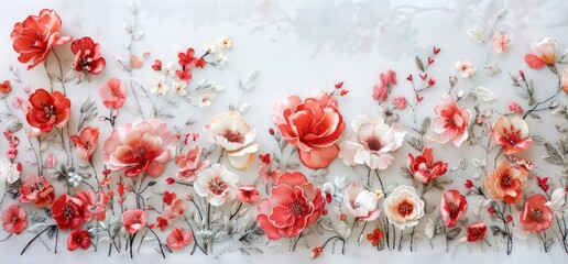 illustrated watercolour paper flowers embroidered with a red and pink pattern