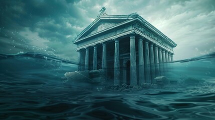 Banking crisis, depiction of a bank sinking underwater, representing bankruptcy, financial failure, and the economic impact of a market crash --ar 16:9 Job ID: fc54d457-9930-4418-b853-11b62de30973