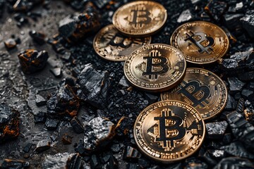 detailed of golden coins with black bitcoin symbol