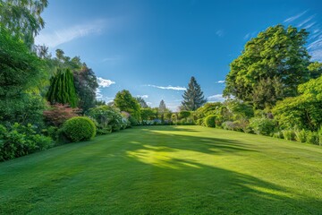 Fototapeta na wymiar beautiful garden lawn with a large beautiful blue sky in the background
