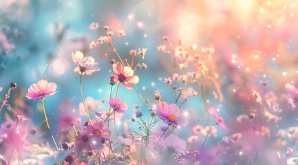 background with a floral field, wild flowers of delicate pastel colors, computer screen or for mobile