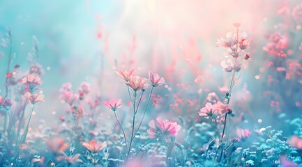 background with a floral field, wild flowers of delicate pastel colors, computer screen or for...