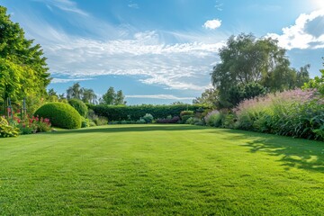 beautiful garden lawn with a large beautiful blue sky in the background