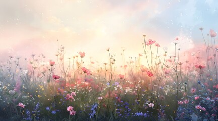background with a floral field, wild flowers of delicate pastel colors, computer screen or for...