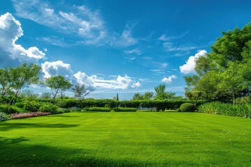 beautiful garden lawn with a large beautiful blue sky in the background