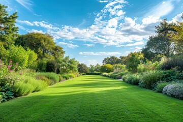beautiful garden lawn with a large beautiful blue sky in the background