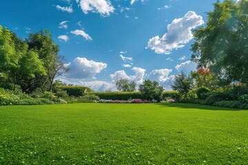 Obraz premium beautiful garden lawn with a large beautiful blue sky in the background