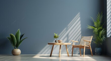 living room wooden table chair potted plants dark sky blue gray minimalism