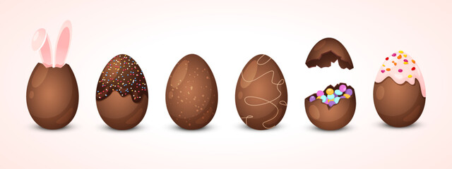 Easter holiday whole and bitten chocolate eggs with different decorations isolated on white background.
