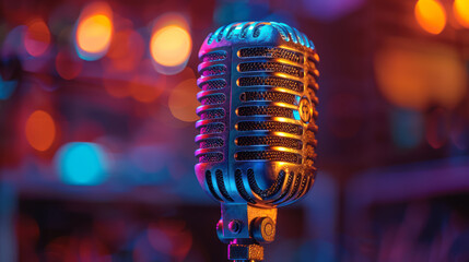 vintage golden microphone with a holographic glow on a vibrant bokeh background