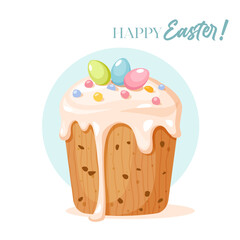 Happy Easter holiday greeting card with Easter cake decorated chocolate colored eggs and lettering. 
