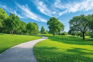 Naklejka premium curving pathway in a park with vibrant green grass