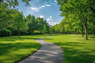 curving pathway in a park with vibrant green grass