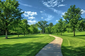 Naklejka premium curving pathway in a park with vibrant green grass
