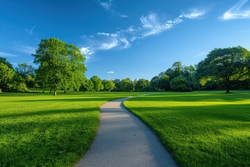 curving pathway in a park with vibrant green grass