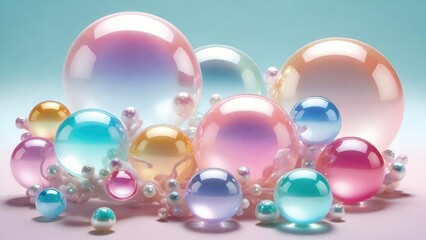 Pastel colored 3d glassy transparent globe shapes background design.