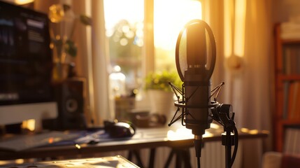 Fototapeta na wymiar podcast microphone set up in a home, sunny lighting