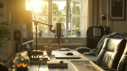 podcast microphone set up in a home, sunny lighting