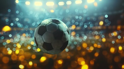 a soccer ball in closeup flying in the air on a big soccer field stadium