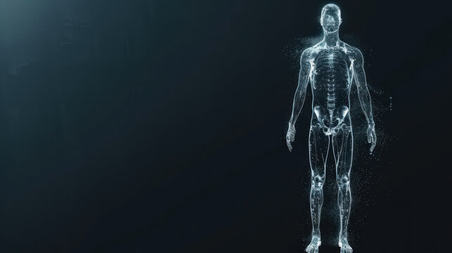 futuristic human body x-ray scan with glowing skeleton and dark background, with copy space for text