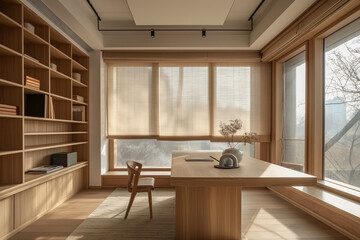 Serene Scandinavian Home Office: Earth Tones and Natural Morning Light, Emphasizing Clean Wooden Surfaces and Wool Textures for a Minimalist Design