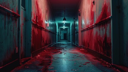 Bloody hallway, Halloween environment, horror background, sanatarium or hospital, prison --ar 16:9 Job ID: c5e0a0ca-1759-4805-9016-eb24a638f9ef