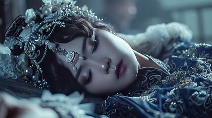 One ancient Chinese princess, adorned in exquisite traditional attire, sleeping , forcefully grabbing the bedsheet, an extremely distressed expression, lying down,