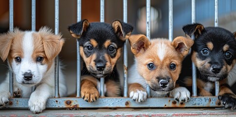 The mournful gaze of puppies in an animal shelter, locked behind bars, anticipating the moment they will be rescued and sheltered. banner.