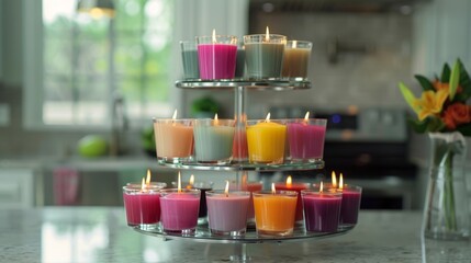 A medley of colorful candles each one emitting a unique fragrance arranged on a tiered tray in a modern kitchen. 2d flat cartoon.