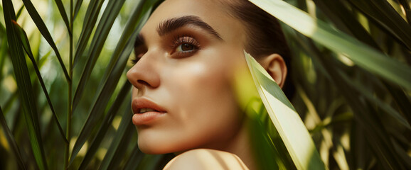 Beauty portrait of woman with natural makeup and strong brow, nude with bare shoulder, surrounded by palm frond leaves