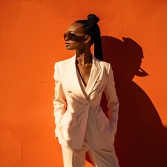fashion black woman on orange backgorund wall