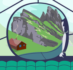 View from open tent at mountain. Scenic view of the mountains. Camping concept art. Flat graphic vector illustration.
