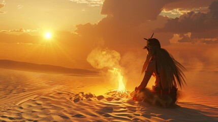 As the sun sets over the desert dunes a solitary figure kneels in the shifting sand a smoldering bundle of herbs and feathers in their . .