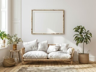 design a living room, white walls and light wooden floors