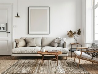 design a living room, white walls and light wooden floors