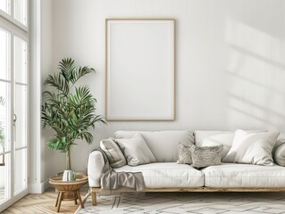 design a living room, white walls and light wooden floors