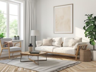 Fototapeta premium design a living room, white walls and light wooden floors