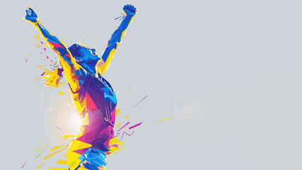 Blue yellow geometric form illustration of runner celebrating victory