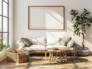 design a living room, white walls and light wooden floors