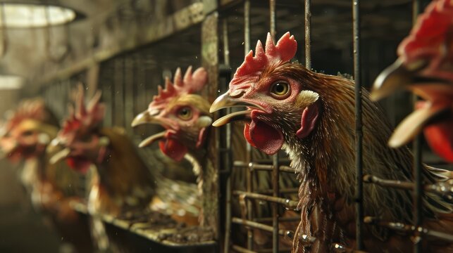 Close up view of red feather broiler rooster chicken inside traditional chicken farm cage.