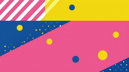 Bright pink background with yellow, blue and white stripes and dots, simple vector design, colorful background with geometric shapes and lines