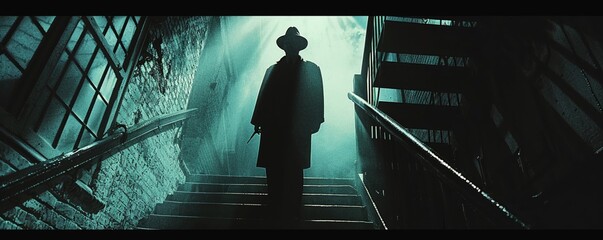 Bring the timeless allure of film noir to your modern movie poster Capture a high-angle shot showcasing the iconic shadows, mystery, and suspense of the genre in a contemporary scene