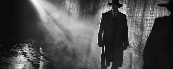 Bring the timeless allure of film noir to your modern movie poster Capture a high-angle shot showcasing the iconic shadows, mystery, and suspense of the genre in a contemporary scene