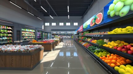 grocery store  with big led screens and holograms