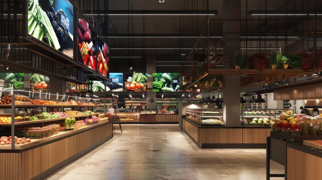 grocery store  with big led screens and holograms