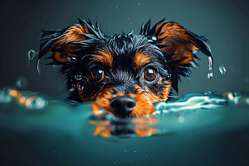 Canine Paddle: Adorable Puppy Swimming in Clear Waters - obrazy, fototapety, plakaty