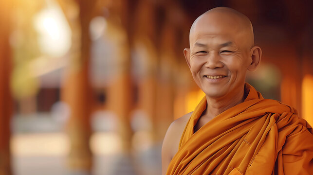 Peaceful Reverence: Smiling Monk in Saffron Robes