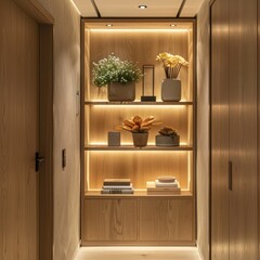 shelves in a wooden cabinet, hallway with lift and a apartment main door light beige and light amber, few decor books, flowers