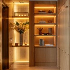 shelves in a wooden cabinet, hallway with lift and a apartment main door light beige and light amber, few decor books, flowers