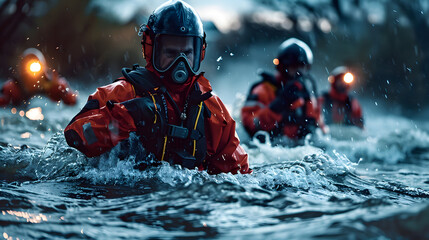 Firefighters wearing oxygen masks and red jumpsuits crossing a river, emergency action plan